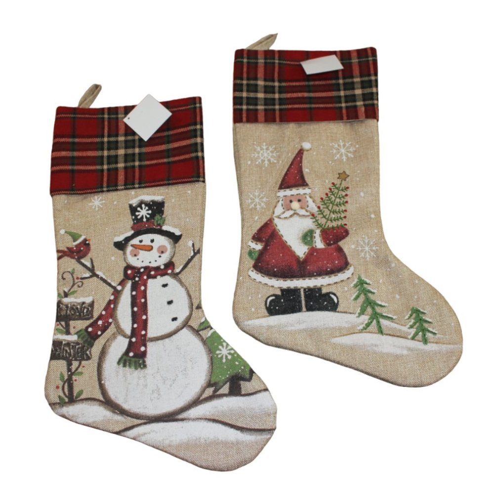 Hobby Lobby Santa Claus Snowman Tan Red Plaid Rustic Christmas Stocking Set NWT